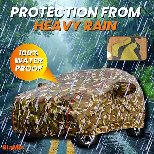 Image of Waterproof Car Body Cover for Range Rover Evoque with Mirror Pocket, Soft Cotton Lining, Triple Stitched, Full Bottom Elastic (Heat Resistant Jungle Print with Red Piping)