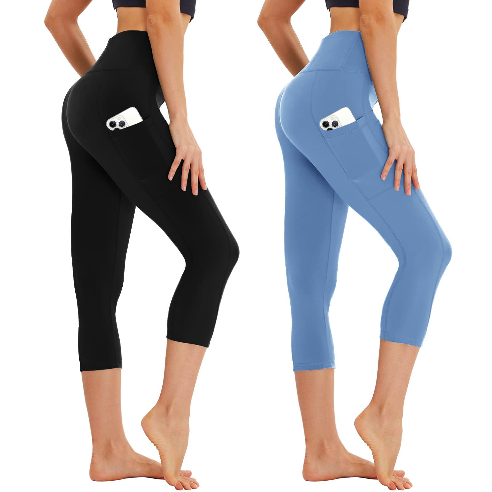 AMIYOYO Capri Leggings Women's with Pockets 3/4 Sports Leggings High Waist Short Sports Trousers Opaque 7/8 Yoga Trousers Stretchy for Summer Gym Pack of 2
