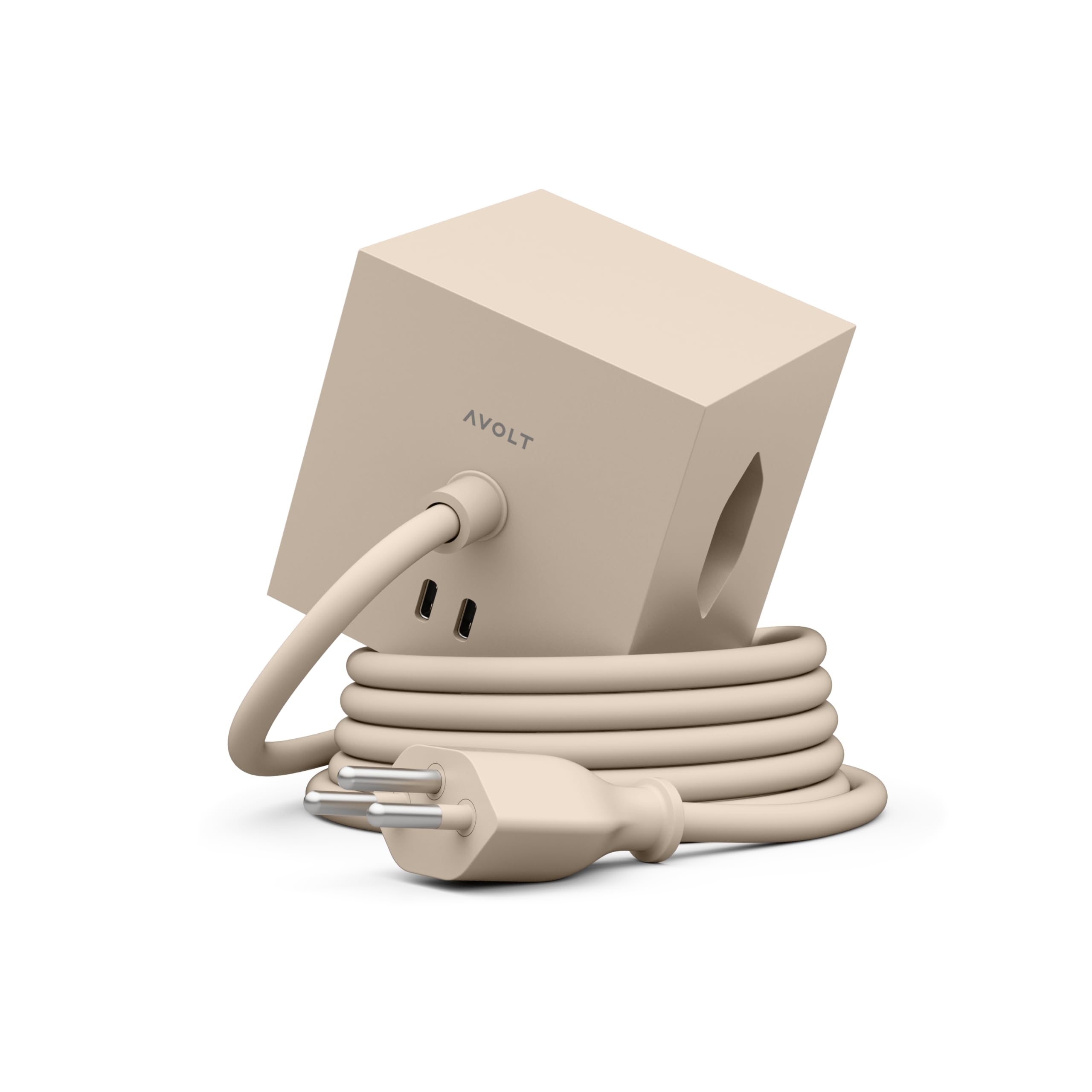 Avolt Square 1 Schweizer Mehrfachsteckdose CH Typ J, Klein, 2 USB-C 30W | Schweizer Stecker Typ J für Steckdosen in der Schweiz. Magnetfuß, Steckdosenleiste beige, 2 USB-C 30W, Design Würfel