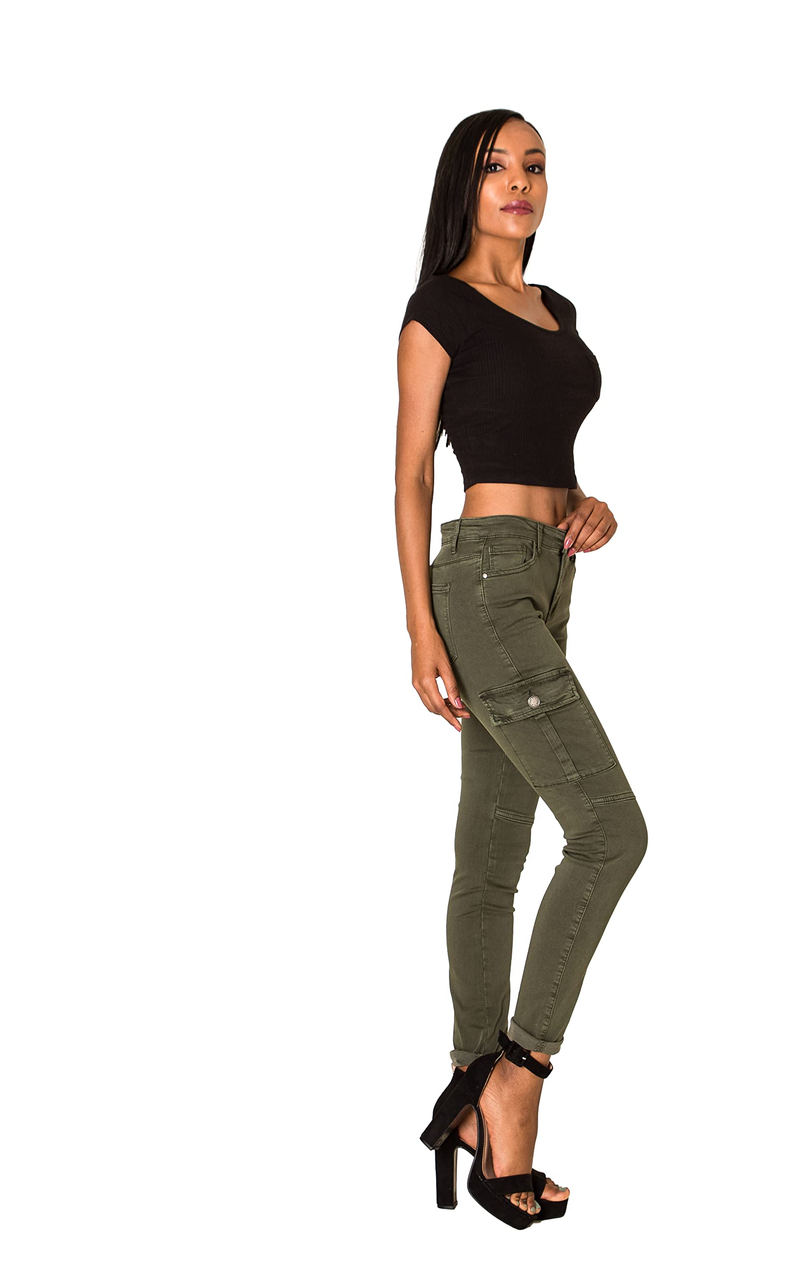 Nina Carter S353 - Pantaloni cargo da donna, skinny fit, jeans cargo, jeans elasticizzati, look usato