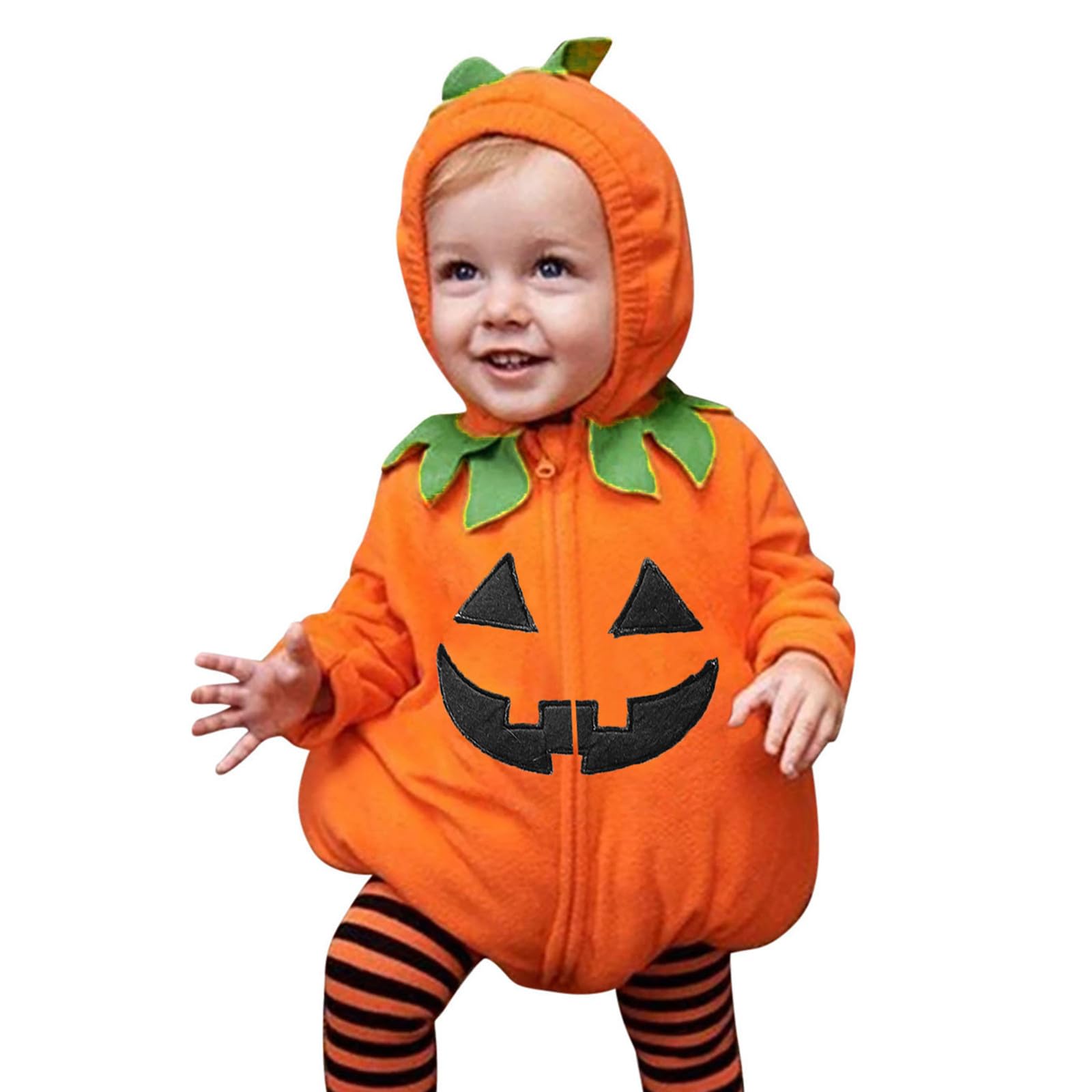 Newborn Infant Baby Pumpkin Halloween Costumes, Cute Toddler Halloween Cosplay Outfits, Long Sleeve Fleece Hooded Zipper Design Romper Striped Pant Sets, Party Performance