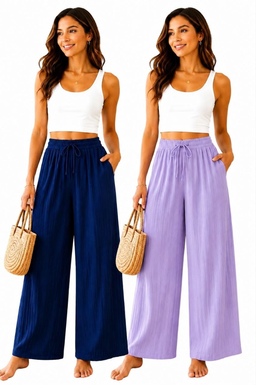 Women's Palazzo Wide Leg Trousers Pack of 2 | High Waist Flowy Pants | Comfortable Relaxed Fit | Casual, Office, Travel Palazzo Pants for Women-picture-43