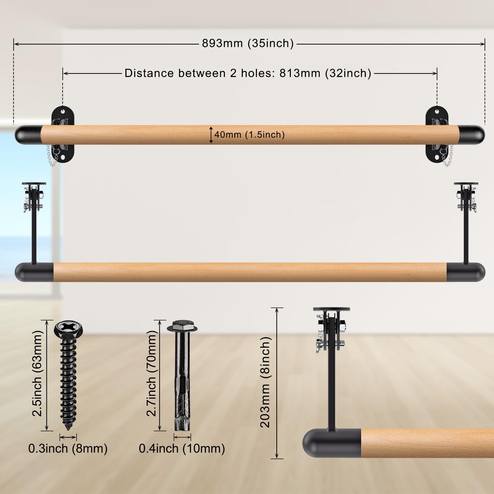 Dolibest Barre de Ballet, 0.9-2.5M Barre de Danse Murale en Bois Ajustable pour l'équipement d'étirement de Barre d'entraînement à Domicile avec Support Métallique pour Enfants/Adultes, 4cm Diamètre