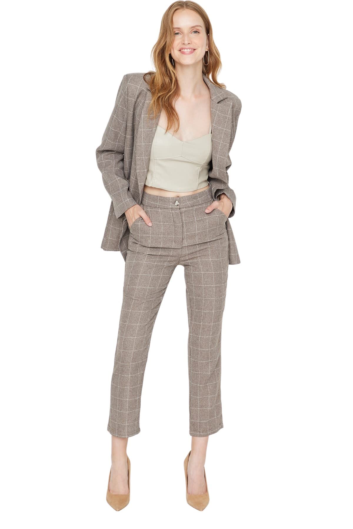 Trendyol Women Normal Waist Straight Leg Cigarette Pants Trousers Gray
