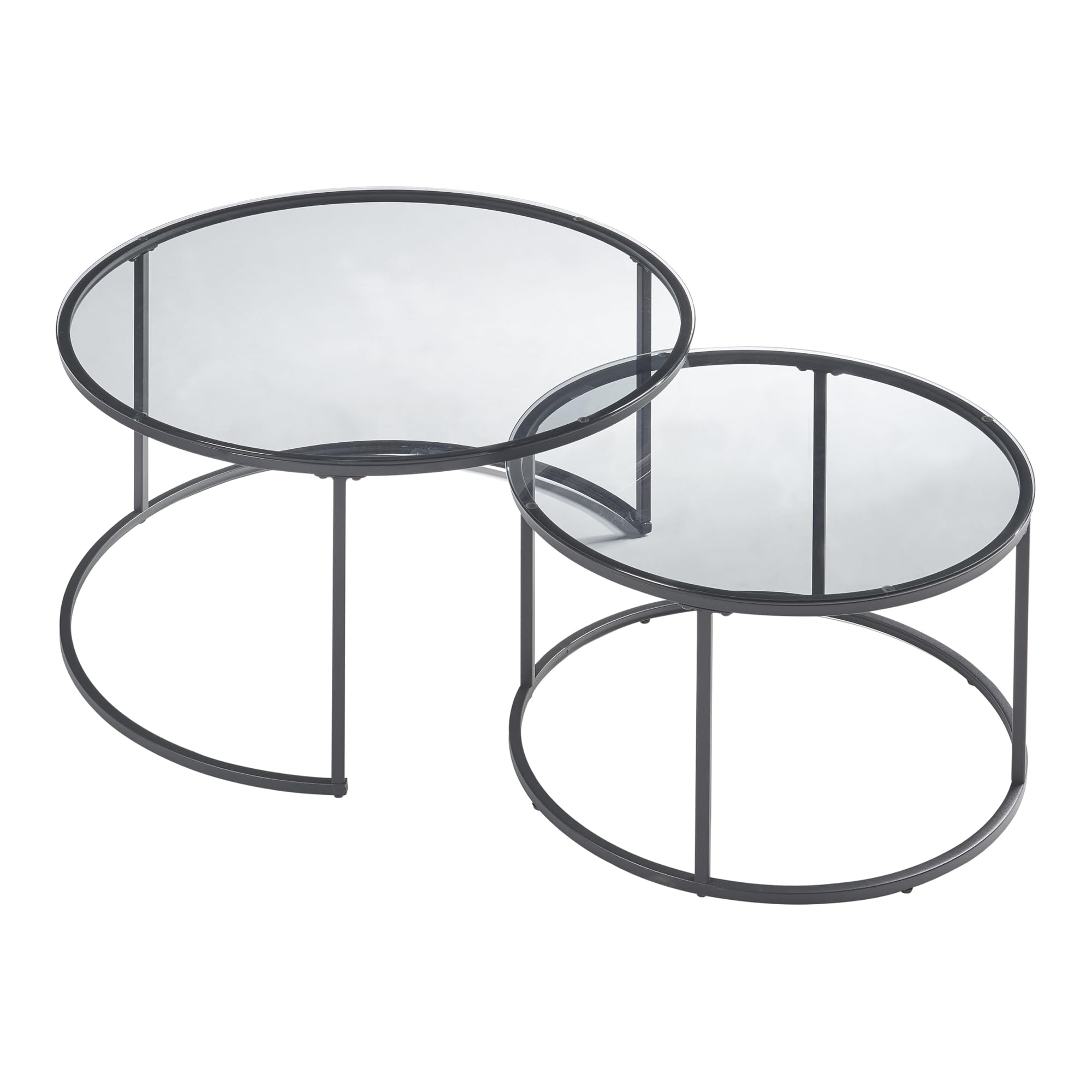 [en.casa] Set de 2 Tables Basses Rondes Gigognes pour Salon Ensemble de 2 Tables d'Appoint de Tailles Différentes Métal Verre Trempé Fumé Noir Transparent