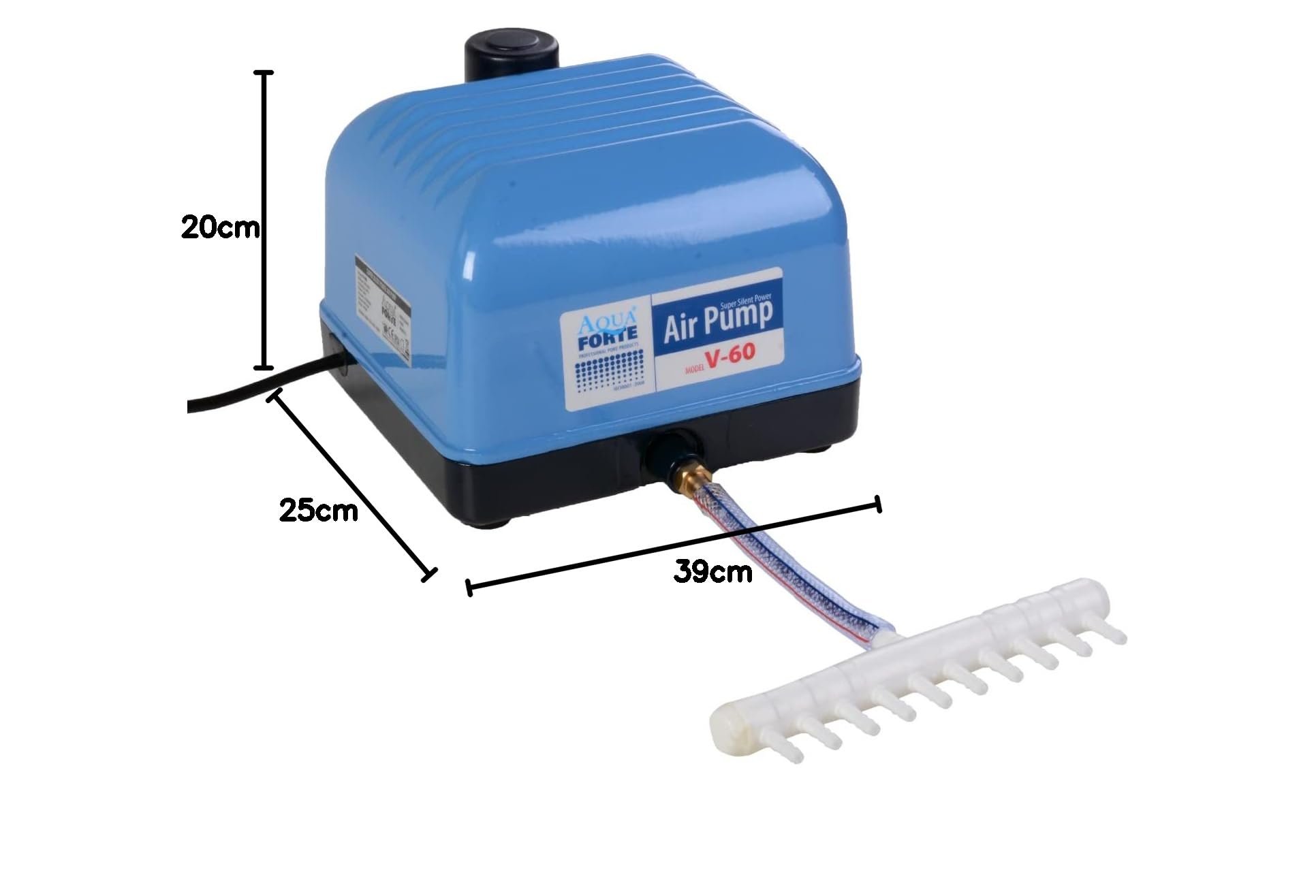 AquaForte Hi-Flow V-60 Luftpumpenset, Komplettset mit Luftverteilern, 50 m Schlauch 4 x 6 mm und 10 Luftsteinen 5 cm, Kapazität bei 2 Meter 40 Liter pro Minute, Maximaler Teich 36 m3
