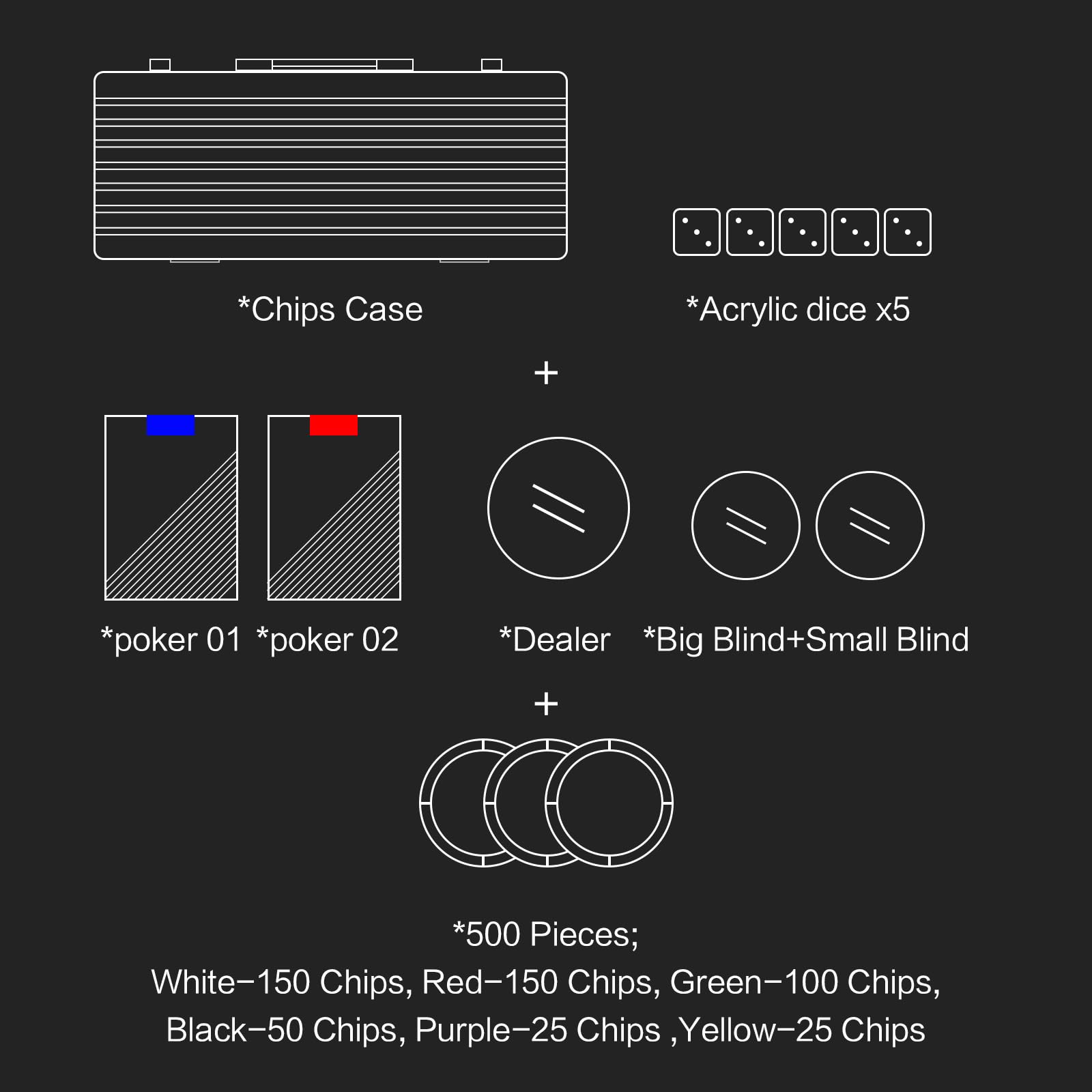 Texas Hold'em Lot de 500 jetons de poker vierges en argile de 14 g avec étui à jetons haut de gamme et accessoires de poker pour jeux de blackjack (F 500 jetons vierges)