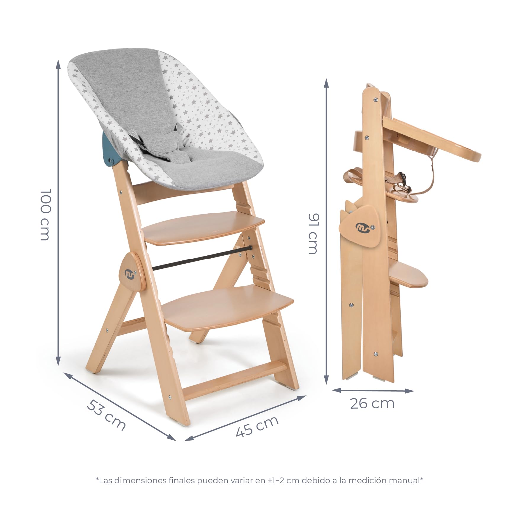 ms BabyWorld - FULL PLUS HAMACA - Trona para bebé de Madera FULL PLEGABLE + HAMACA | Evolutiva | Silla Alta | Ergonómica | Regulable | Segura | 2 posiciones de recinado