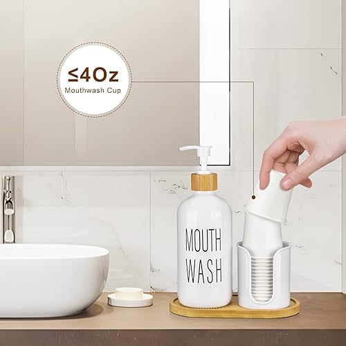 Miniatura 3 de Dispensador de enjuague bucal de vidrio con soporte para tazas, botella de bomba de 16 onzas, contenedor de enjuague bucal blanco para baño, 14