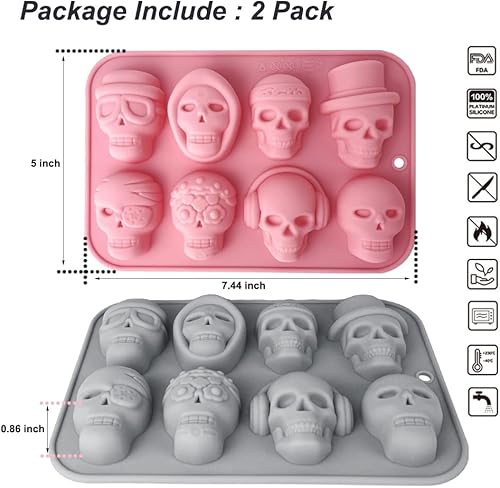 Miniatura 2 de Paquete de 2 moldes de silicona de calavera 3D con 8 cavidades con temática de calavera para hornear, herramienta de horneado para pastel de