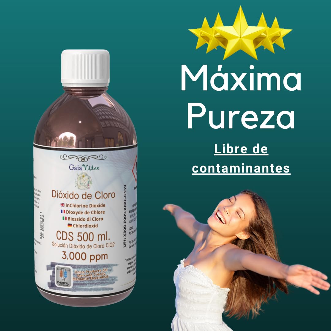 Gaia Vitae - CDS 3000 ppm – 500 ml Cristal Ámbar con Jeringa Estéril 10 ml – Solución Activada 0,3% en Agua Ultrapura