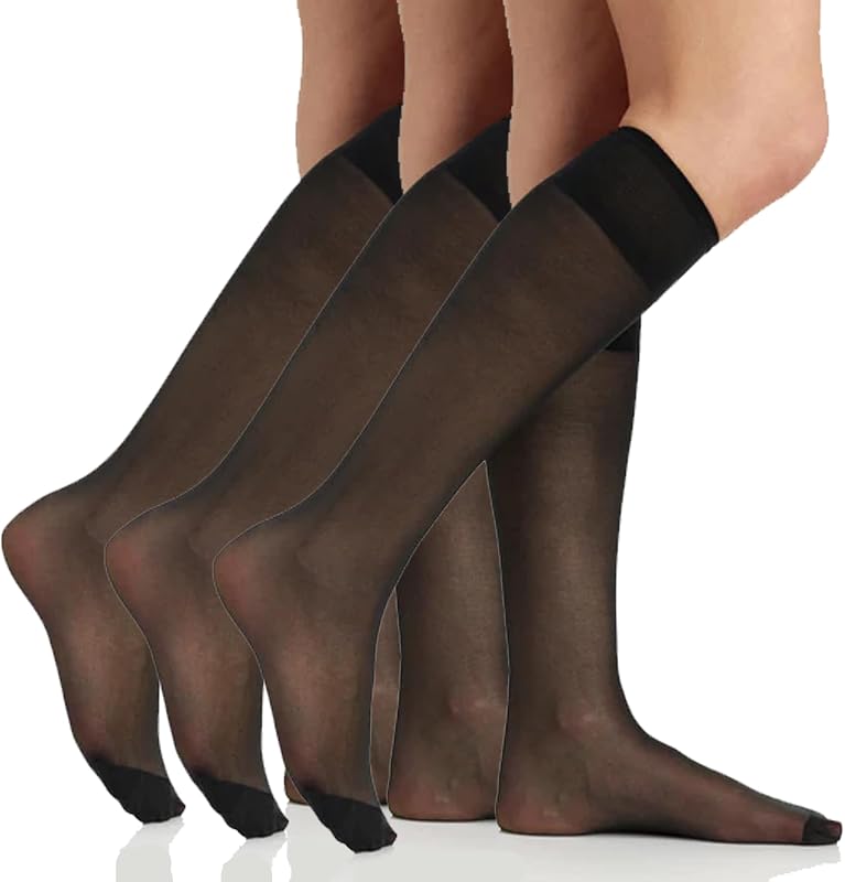 6528 Medias transparentes hasta la rodilla para mujer - Medias de nailon de 20 denier con puntera reforzada y banda cómoda - Paquete de 3