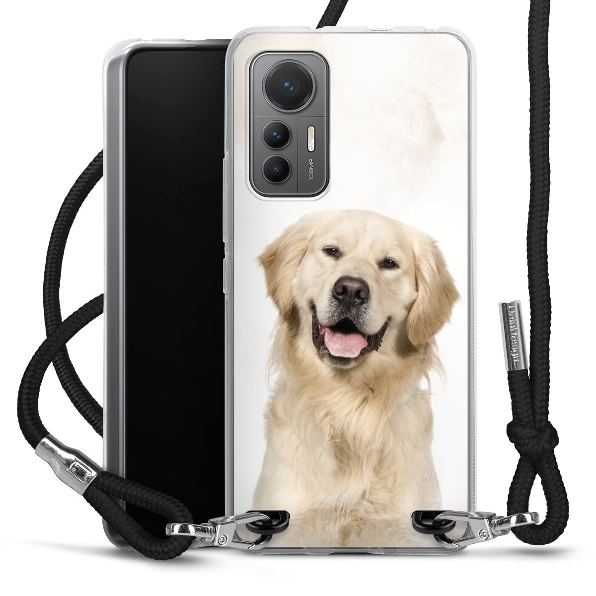 DeinDesign Carry Case kompatibel mit Xiaomi 12 Lite 5G Hülle mit Band Handykette zum Umhängen schwarz Hund Golden Retriever Tiere
