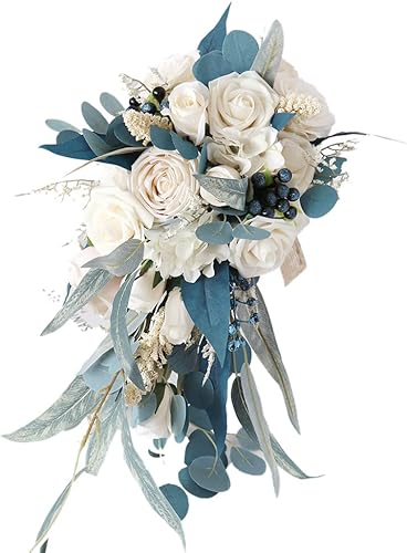 Miniatura 5 de Ramos de boda para novia, 10 pulgadas, color azul pavo real, champán, rosa, gotas de agua, ramo de lanzamiento artificial, para boda, al aire libre,