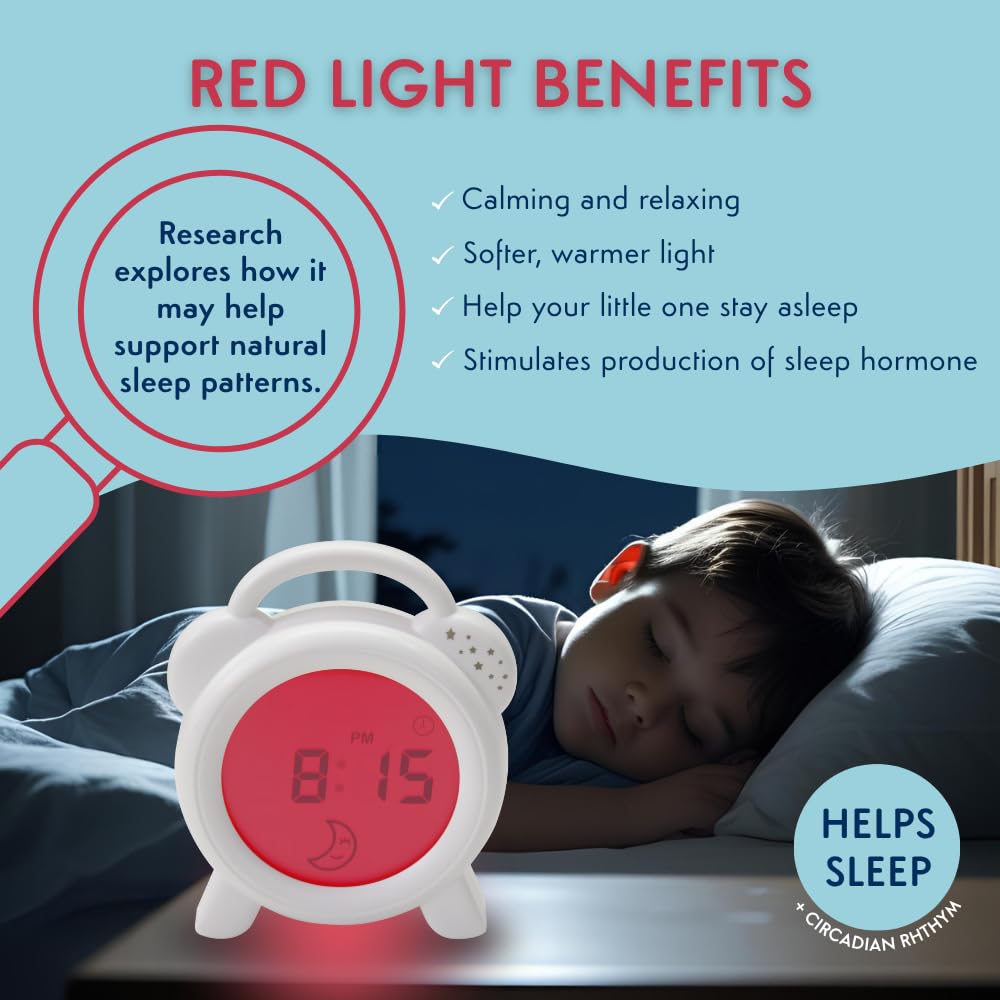 PurFlo Snoozee Horloge d'apprentissage du sommeil pour tout-petits | Veilleuse rechargeable rouge et bleue avec icônes soleil et lune, affichage numérique 12 heures, luminosité réglable pour l'heure