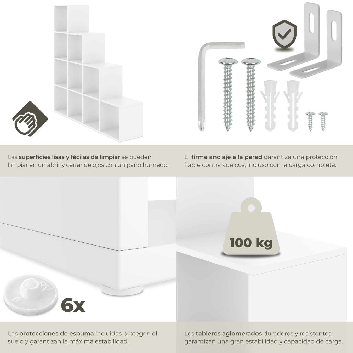 tectake® Estanteria Pared Moderna para Libros, 10 Compartimentos, Forma de Escalera, Diseño de Cubo, Librería, Estanterías de Pared, Estanteria Almacenaje, Patas Protectores de Suelo - Blanco