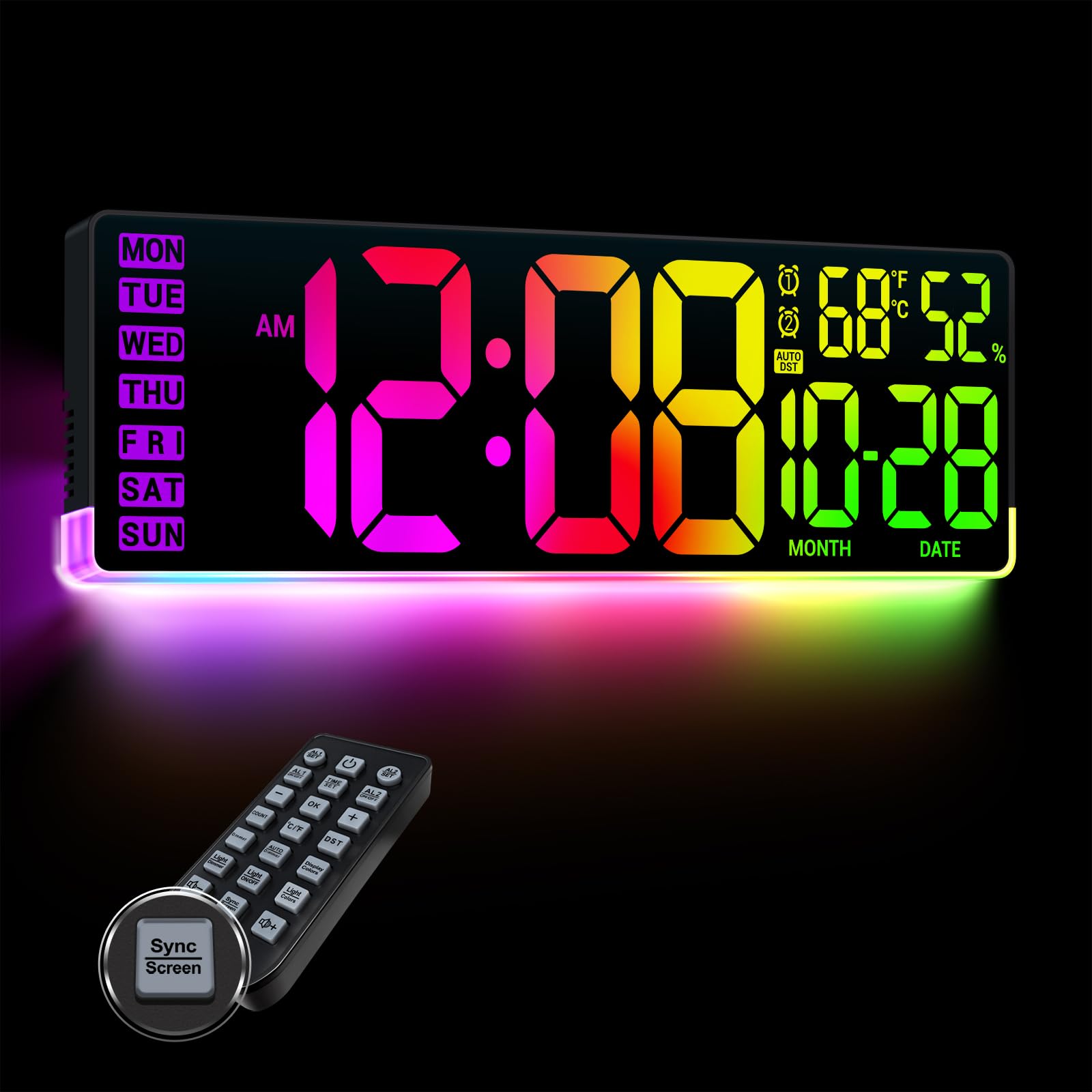 Grande horloge murale numérique de 41,9 cm : 11 couleurs d'écran et 13 modes de rétroéclairage RVB en forme de U avec écran de synchronisation, DST automatique, température et humidité, double alarme