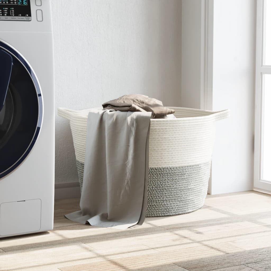 Cesto para la colada, color gris y blanco, de algodón y poliéster, diámetro de 60 x 36 cm, con asas, plegable, ahorra espacio, estable, para guardar la ropa sucia, cuarto de baño, dormitorio
