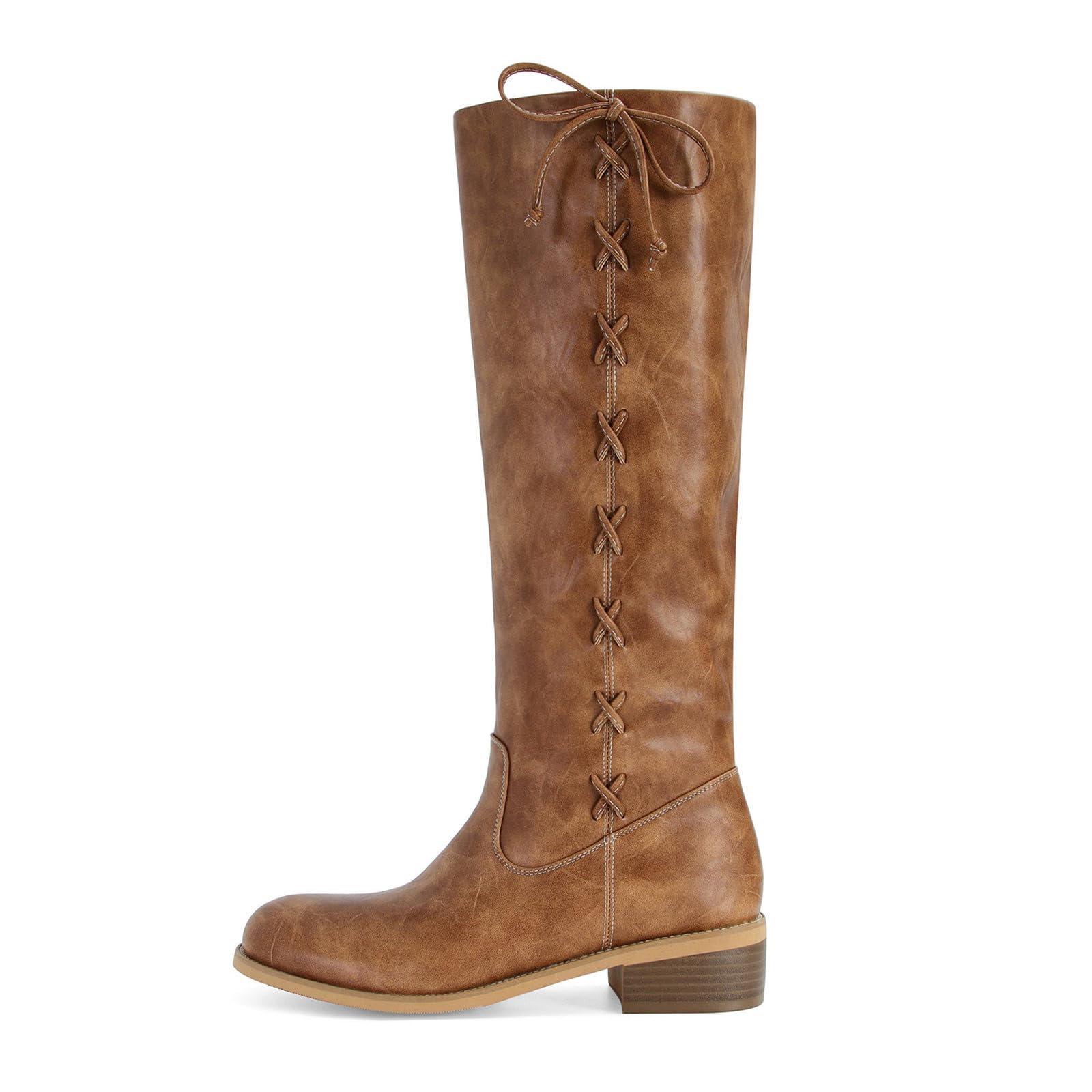 MICIFA Knee High Boots for Women Fashion Side-Lace Leather Campus Riding Tall Boots Round Toe Chunky Heel Wide
