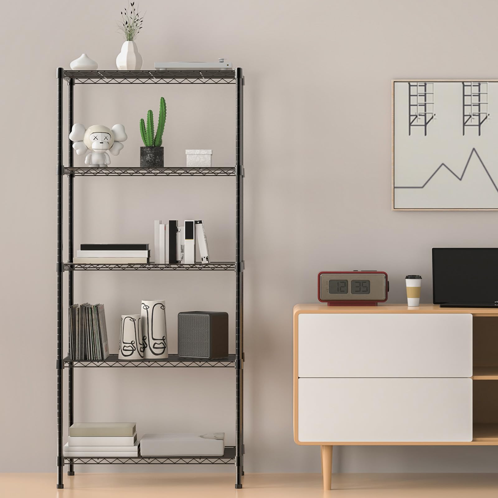 5-Tier Wire Shelving Unit, Free Standing Shelf, Storage Shelves with Height Adjustable Shelves, Heavy Duty Metal Organizer Rack for Garage, Kitchen, Living Room, Bathroom, 60W x 35D x 150H, Black
