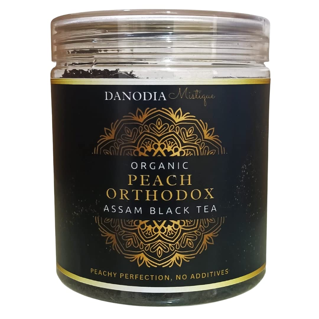 Danodia Foods Organic PEACH ORTHODOX ASSAM BLACK TEA (3.5oz/100g) 50+ servings | WILD FOREST Assam Tea Loose Leaf | Aromatic Peach Flavor | Non GMO Hand-Picked & Home Made | Flavored Black Tea Loose