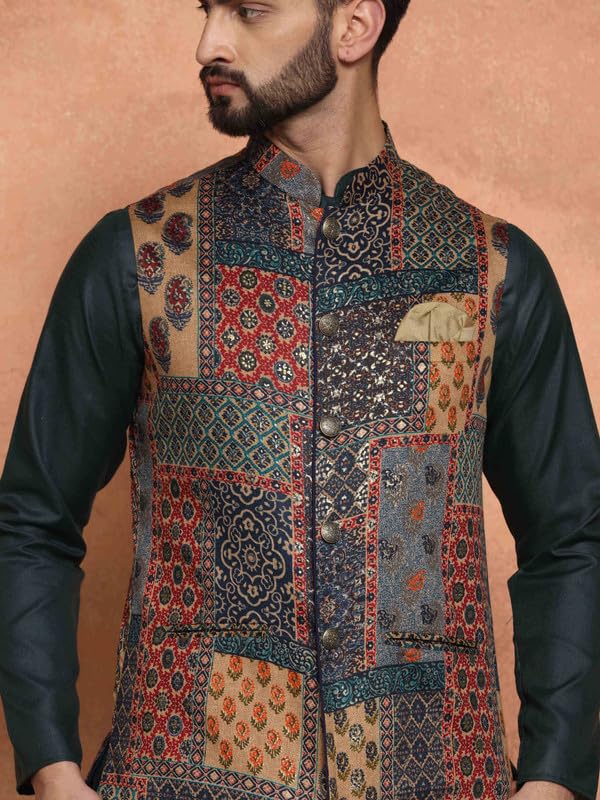 Image of KISAH Men's Ethnic Wear Regular Fit Cotton Blend Printed Kurta Churidar and Jacket Set