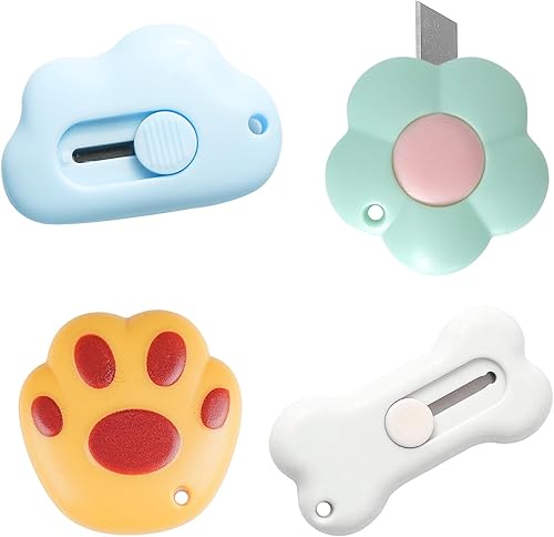 4 mini cuchillos retráctiles utilitarios cortador de caja de nube de flores, cortador de caja en forma de nube, abridor de letras de plástico, con