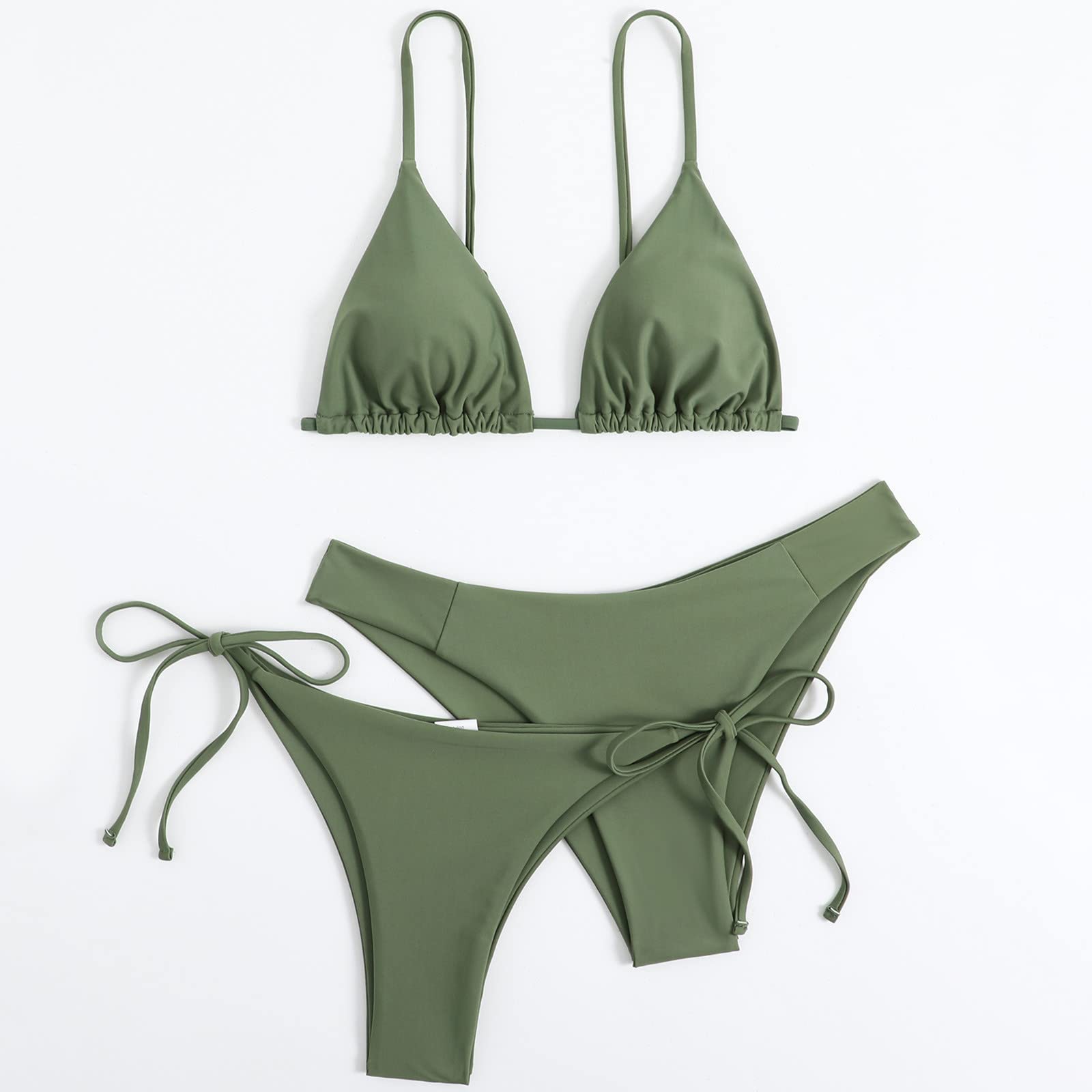 Bikini da donna, 3 pezzi, con fascia, push-up, brasiliano, costume da bagno sexy, verde militare, L