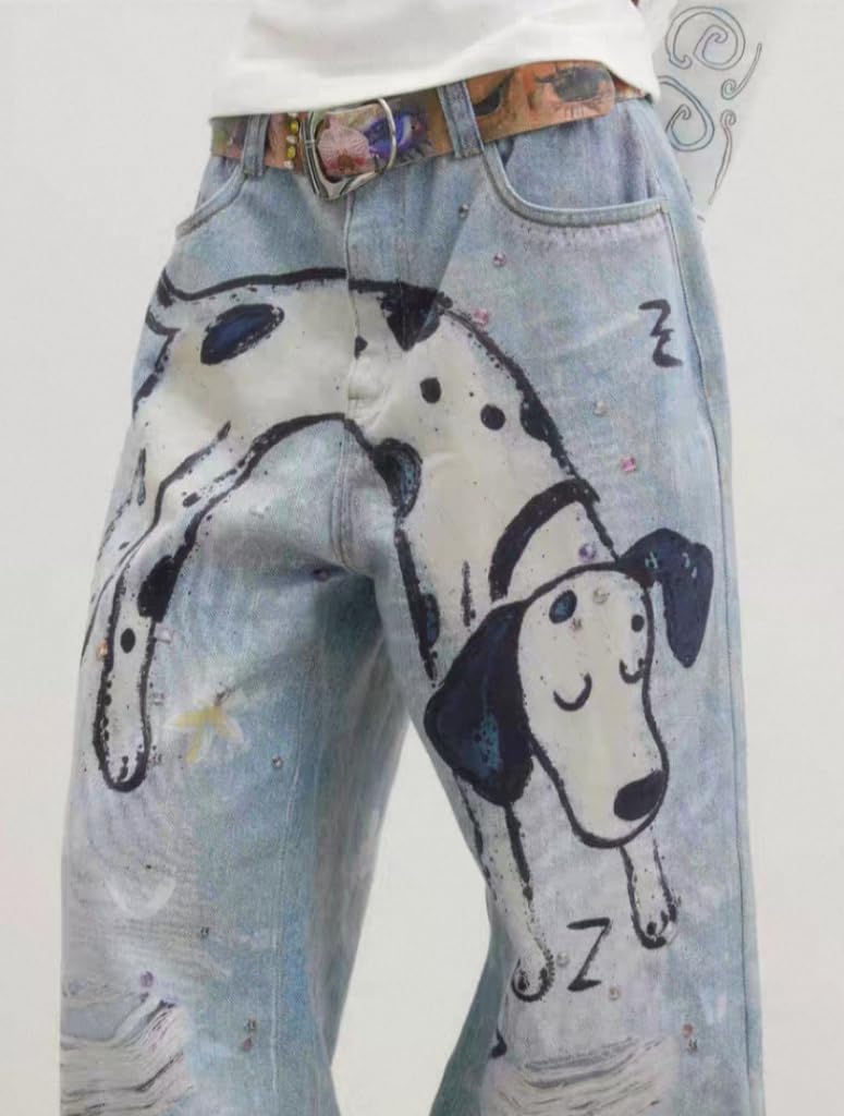 Unisex Y2k Hand Drawn Dalmatian Rhinestone Print Jeans Graffiti Streetwear Grunge Distressed Ripped Baggy Denim Pants