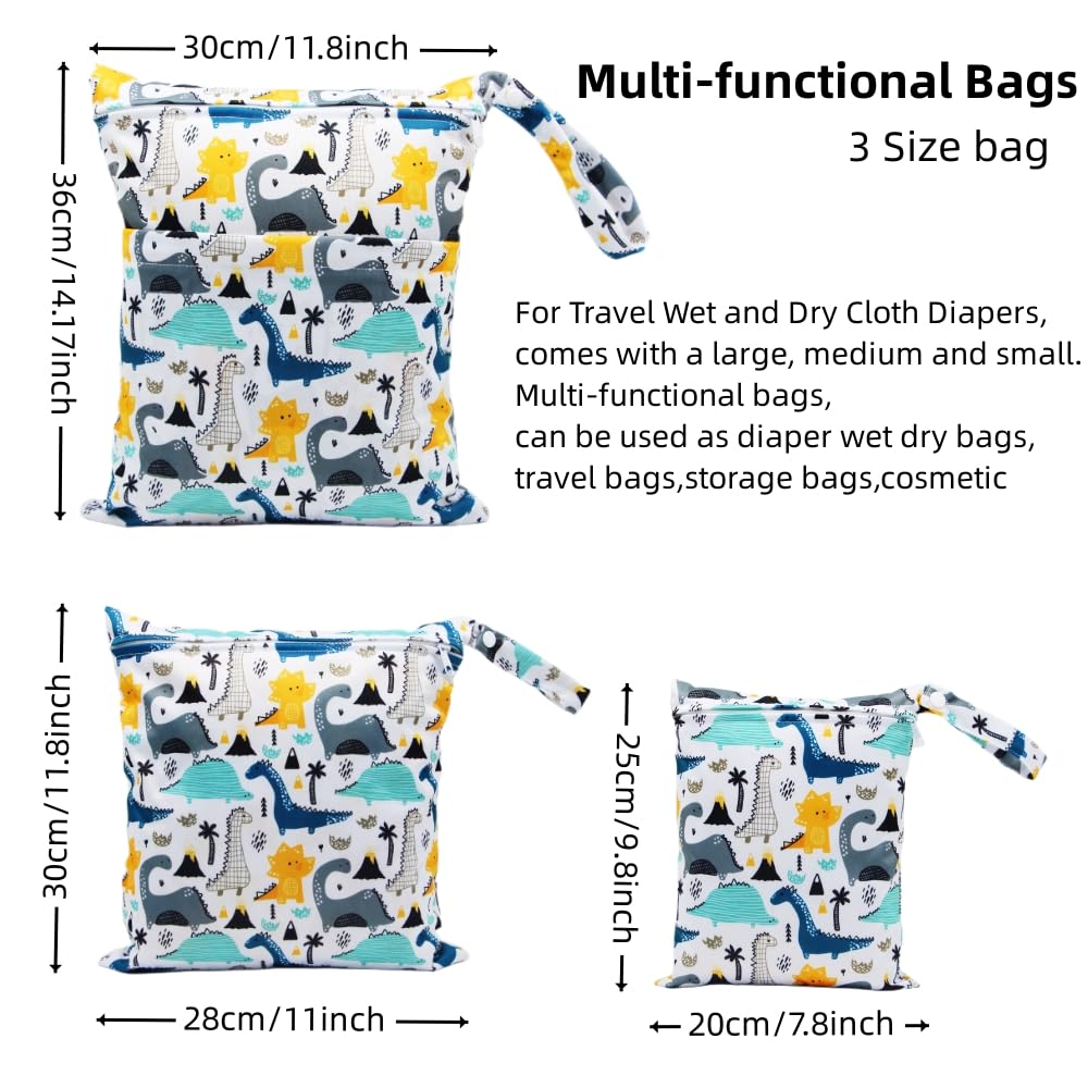 Asenappy 3pcs Cloth Diaper Wet Dry Bags Waterproof Reusable with Two Zippered Pockets Travel Beach Pool Daycare Soiled Baby Items Yoga Gym Bag for Swimsuits or Wet Clothes (dinosaur)