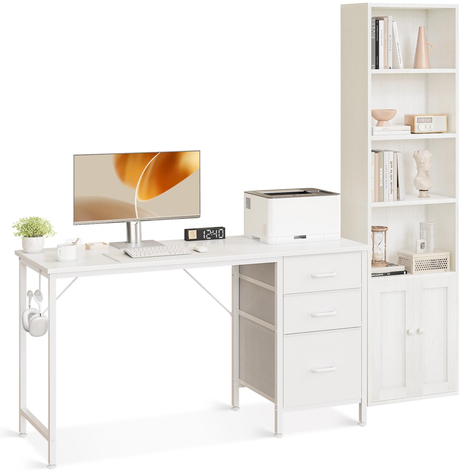 Coleshome Set Mobili Ufficio, Scrivania 120x48cm con 3 Cassetti e Portacuffie & Libreria a 6 Ripiani con Ante 176cm, Set Scrivania e Scaffale Salvaspazio per Casa e Studio, Bianco