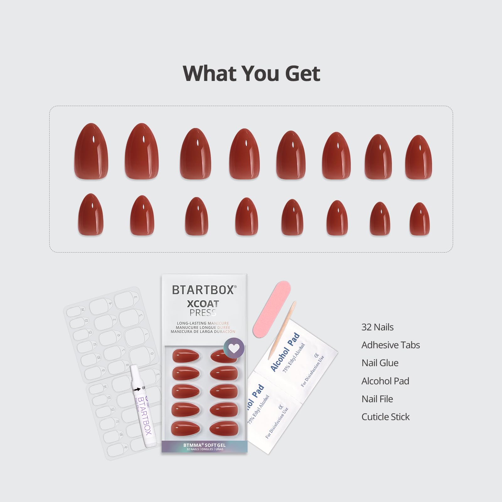 BTArtbox Press On Nails Medium- Christmas Supremely Fit & Natural Soft Gel Glue On Nails with Nail Glue, Reusable Stick On Nails in 15 Sizes - 30 Fake Nails Kit, Pink Sparkle