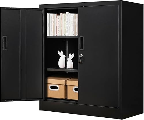 YEEZER Armario de almacenamiento de metal con puertas de bloqueo, gabinete de almacenamiento de acero con 1 cajón y estantes, gabinete de metal con
