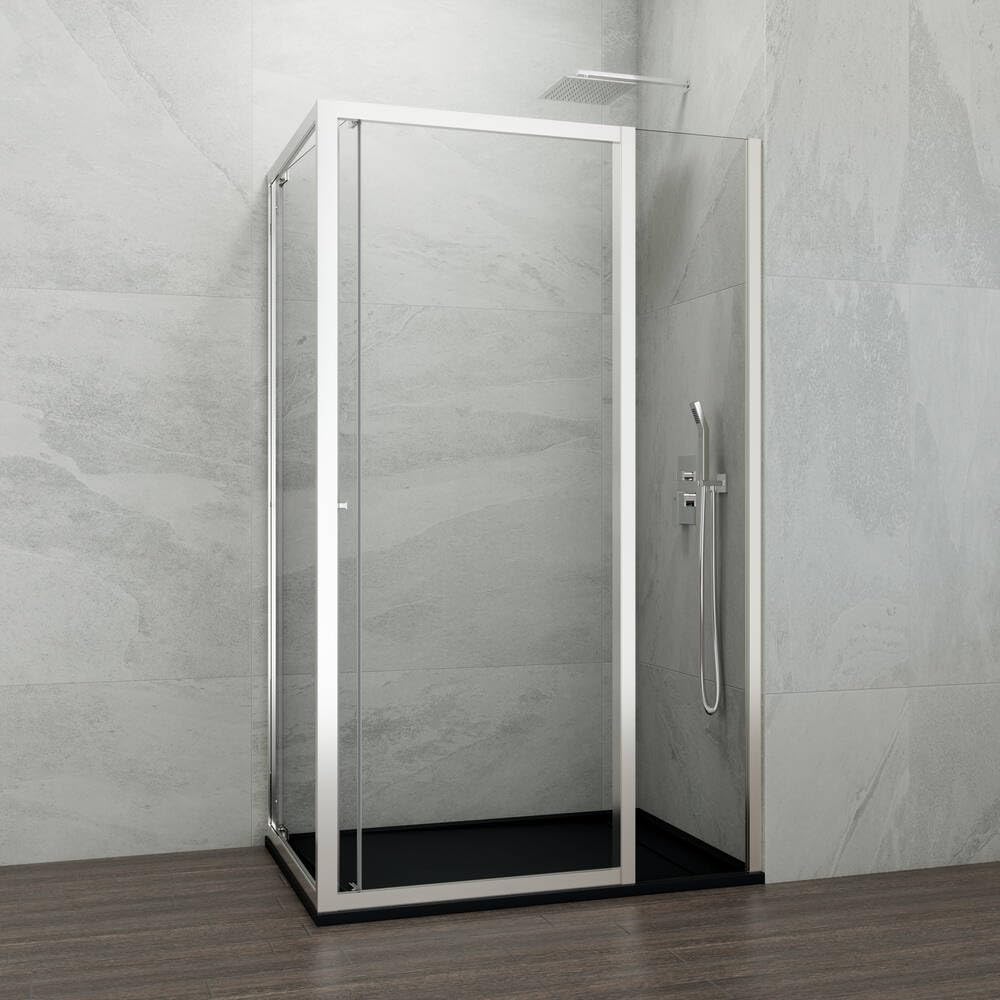 GME - Mampara Ducha Cromo 1 Puerta Corredera Plegable + 80cm Panel Lateral Fijo 95cm | Mampara de Cristal Reversible, Perfilería con Ancho Adaptable, 195cm de Altura y Vidrio con Grosor 6mm