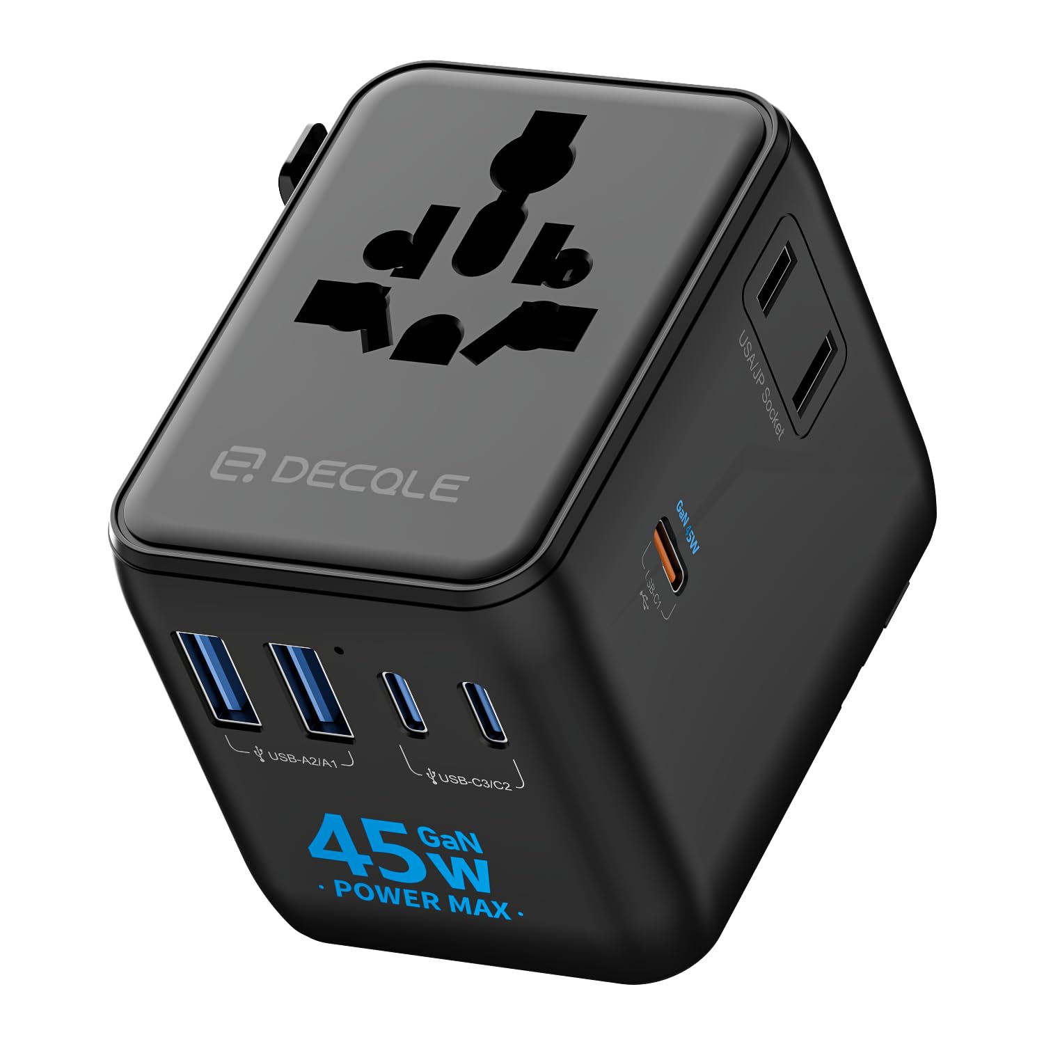decqle Reiseadapter Weltweit, Universal Reisestecker mit 3 USB-C (GaN 45W), 2 USB-A und 1 AC Steckdose, Internationaler Steckdosenadapter, AC Adapter Universaladapter für EU, UK, US, AU (Schwarz)