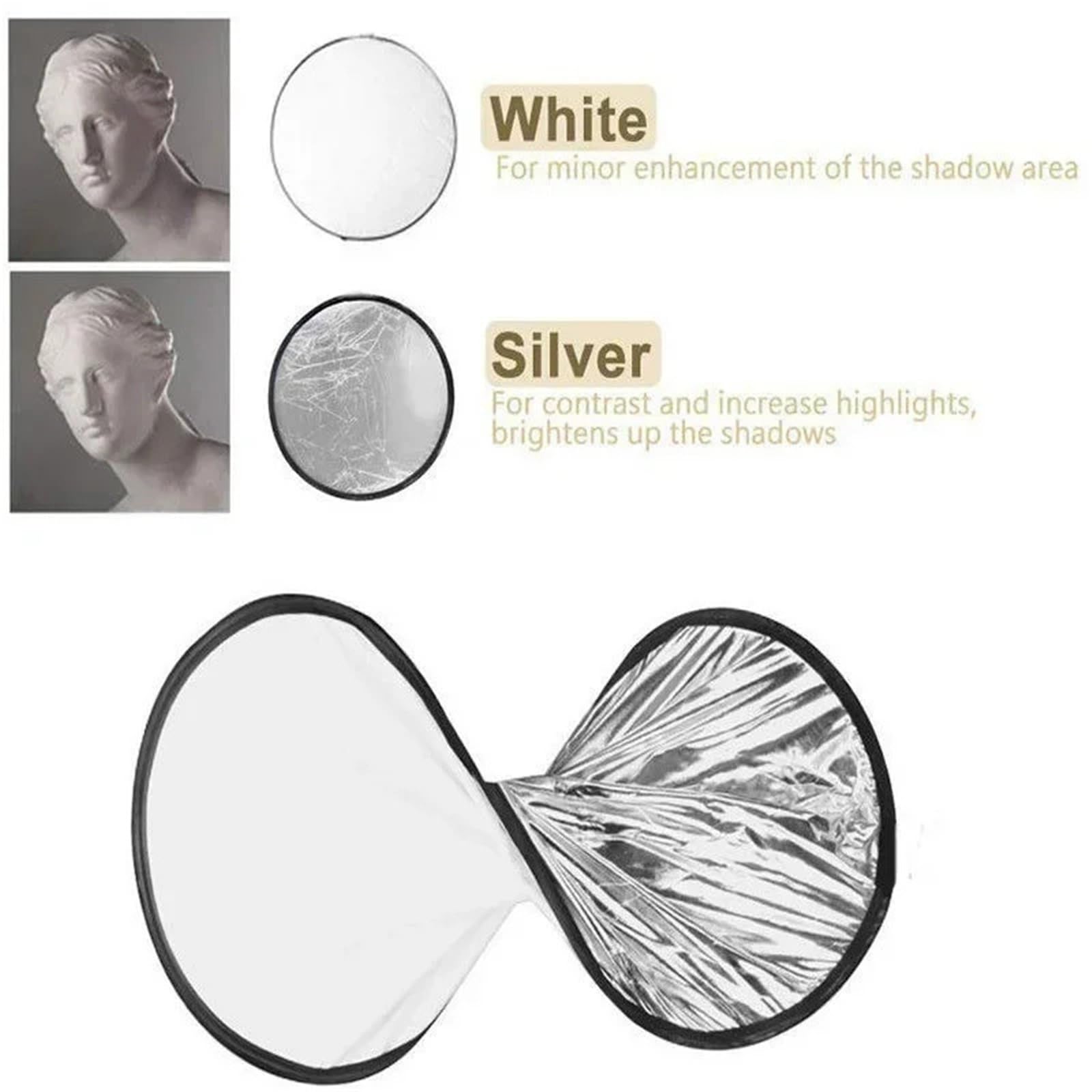 Compatible con Reflector 2 en 1 de 110 cm. | Dos superficies en un panel con bolsa de transporte, el plateado añade luces, el blanco suaviza las sombras