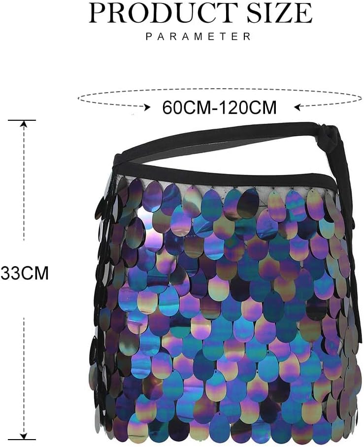 REETAN Sequin Mermaid Skirt Sparkly Belly Dance Hip Scarf Skirts for Women (Black)
