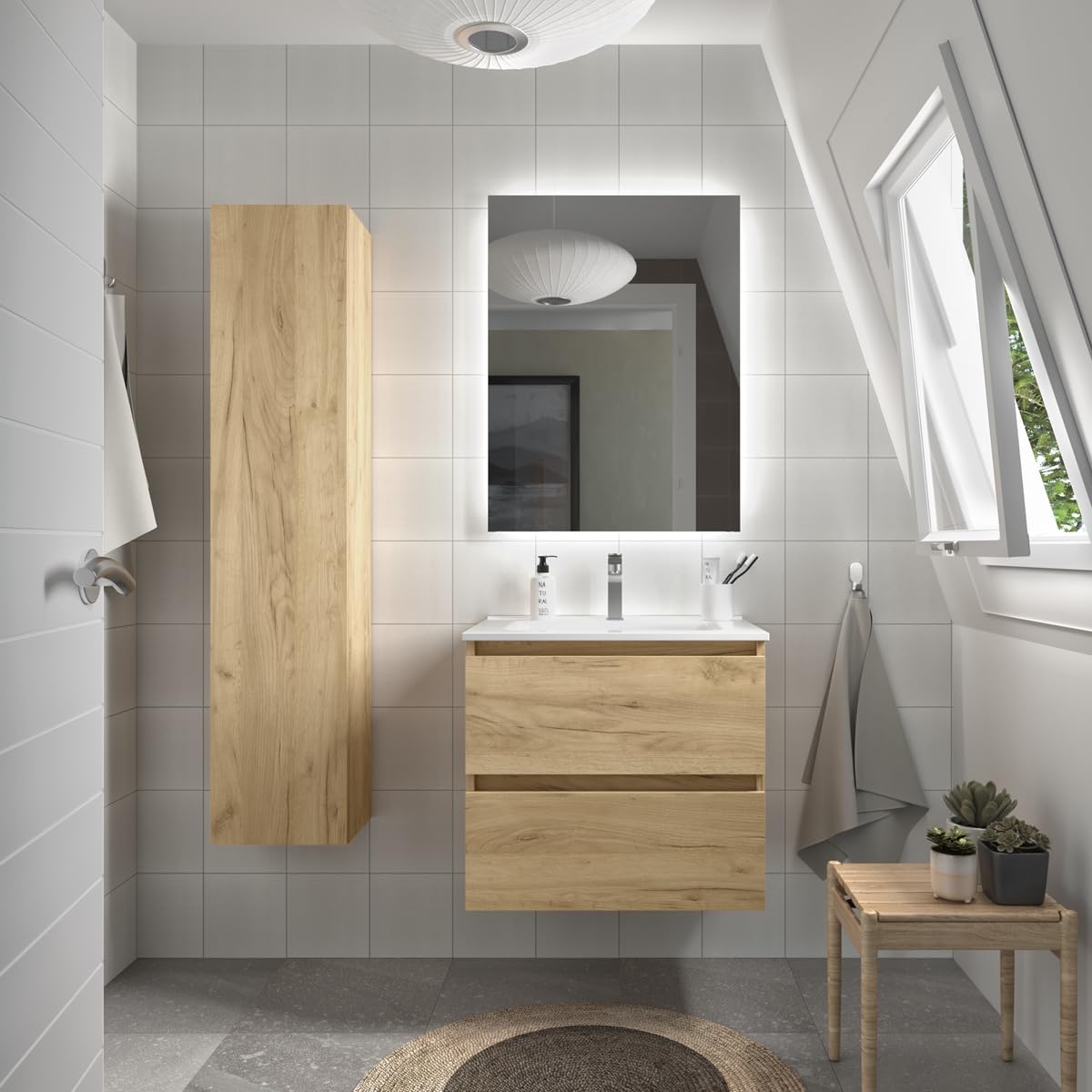 Mueble de baño Bequia 70 cm con Lavabo 100% montado de fábrica | Acabado Roble suspendido 2 cajones Cierre amortiguado Apertura con uñero | Lavabo Porcelana Blanca | Salgar