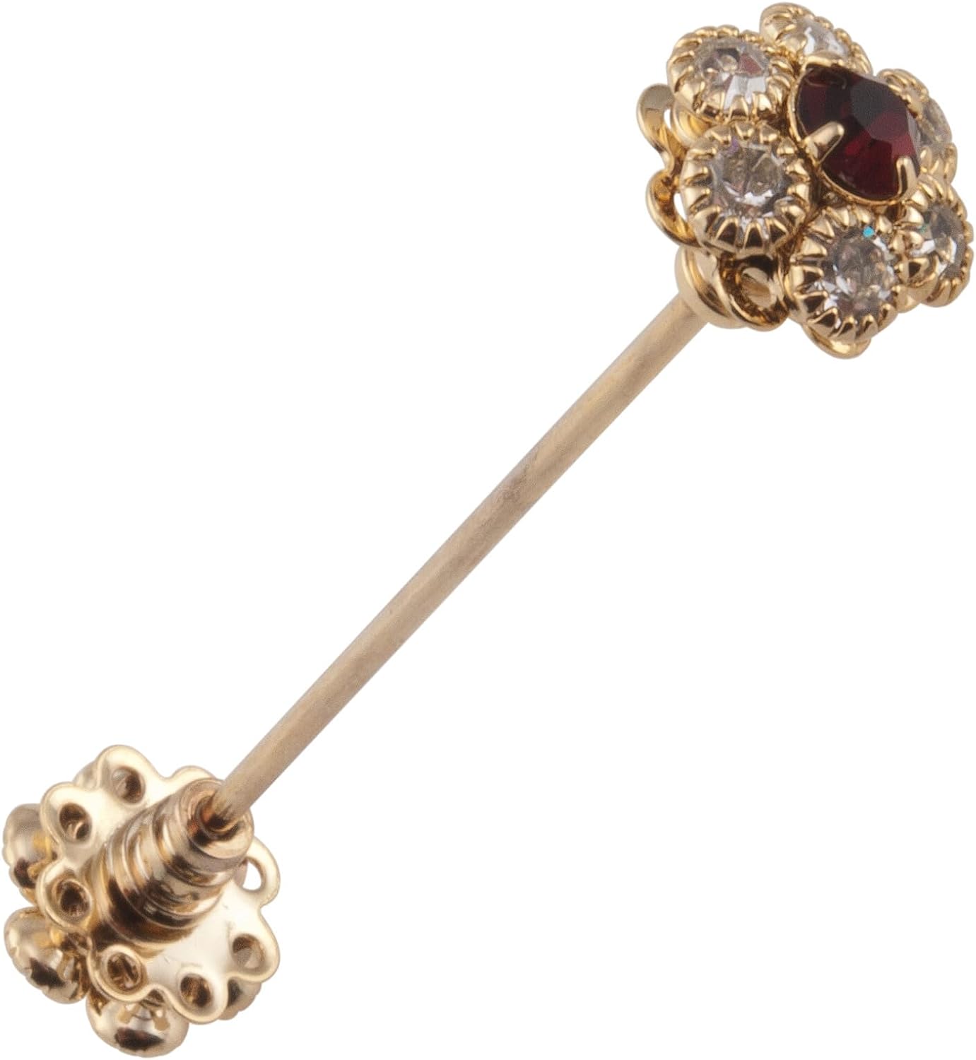 Mens Collar Bar Pin Gold Tone Clear Red Rhinestone Flower Ends 2 5/8" Fashion Details for Ties Trendy Accessories Stylish Additions Chic Details
