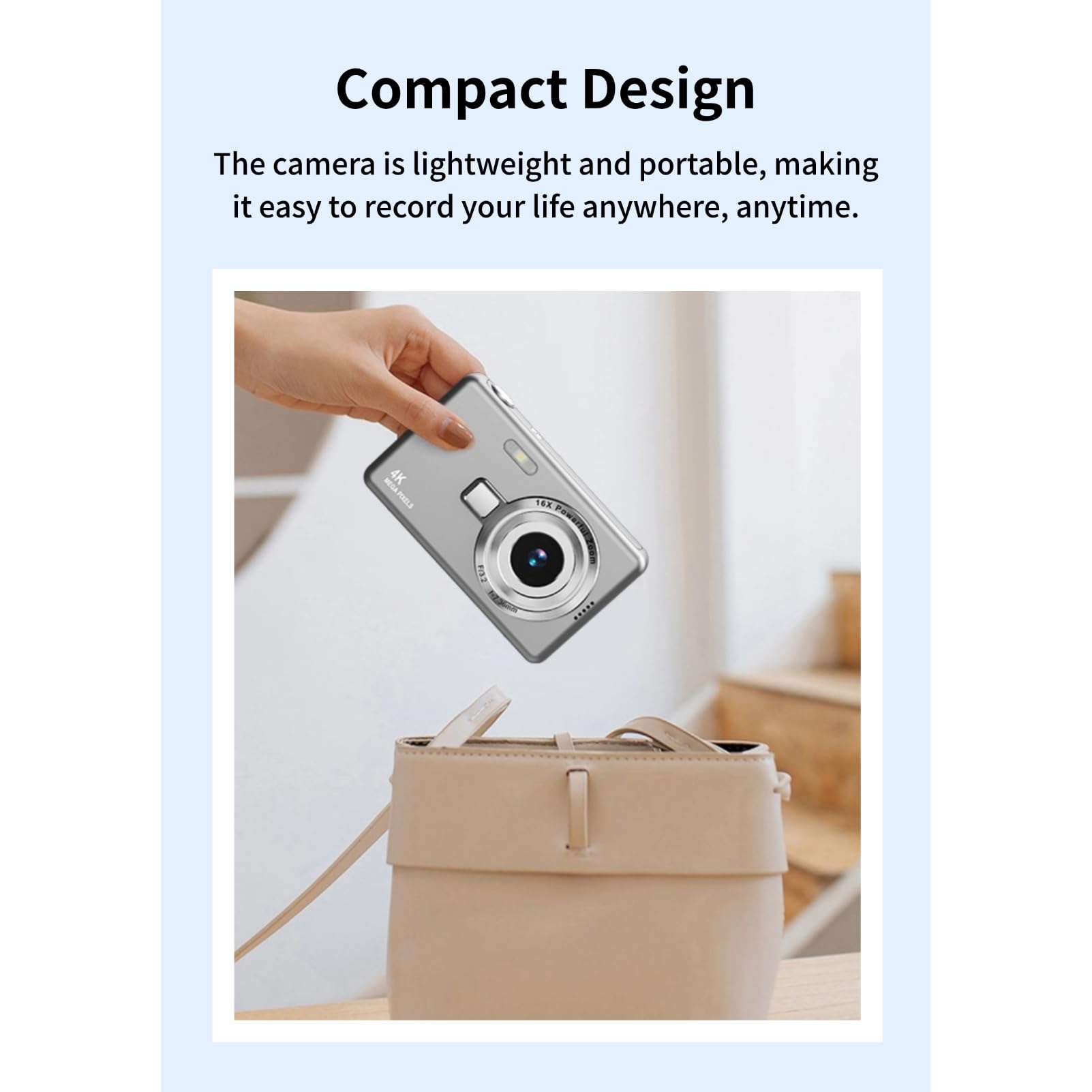 Fotocamera Digitale con Schermo TFT da 2,4 Pollici, Fotocamera da 12 MP 1080P, Fotocamera Digitale Punta e Scatta con Zoom 16X Anti-vibrazione, Fotocamera Compatta per Vlogging