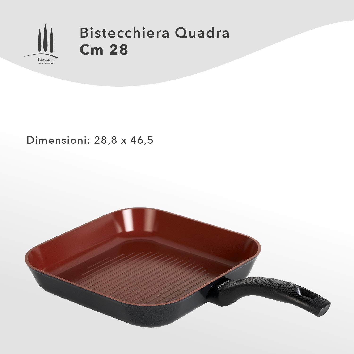 CLASSE ITALY, Linea TUSCANY, Bistecchiera cm 28 - Antiaderente naturale a 5 strati, alta resistenza, senza PTFE, PFOA, PIOMBO, CADMIO, per Induzione e Fiamma