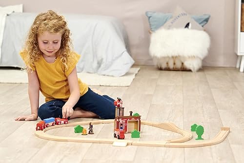Miniatura 2 de Eichhorn Juego de tren de bomberos, 100% madera de haya certificada, juego de 29 carriles, tren con carros, estación de bomberos con coche,
