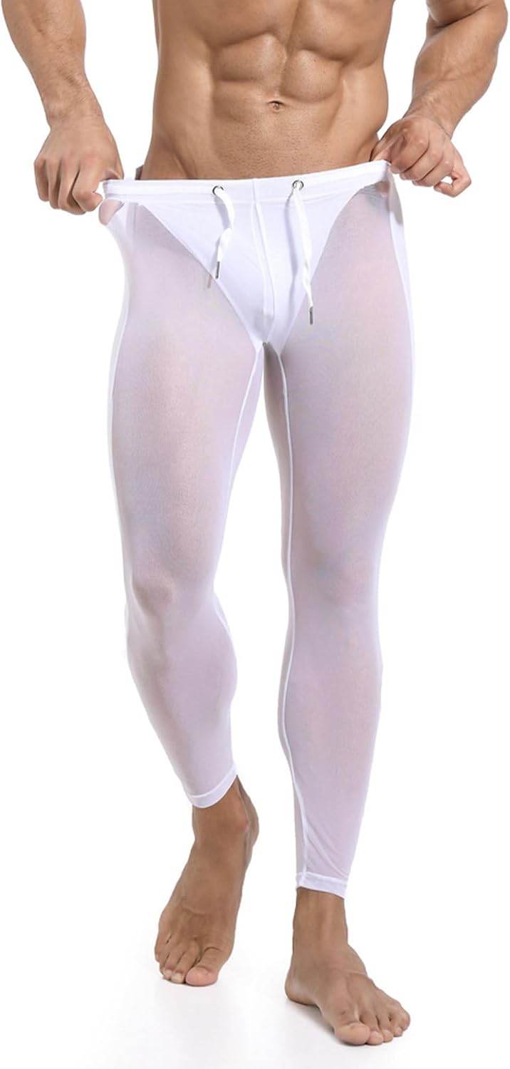 Oyolan Men's Mesh Yoga Pants See Through Tight Leggings Stretchy Capris Sports Shapewear Underwear