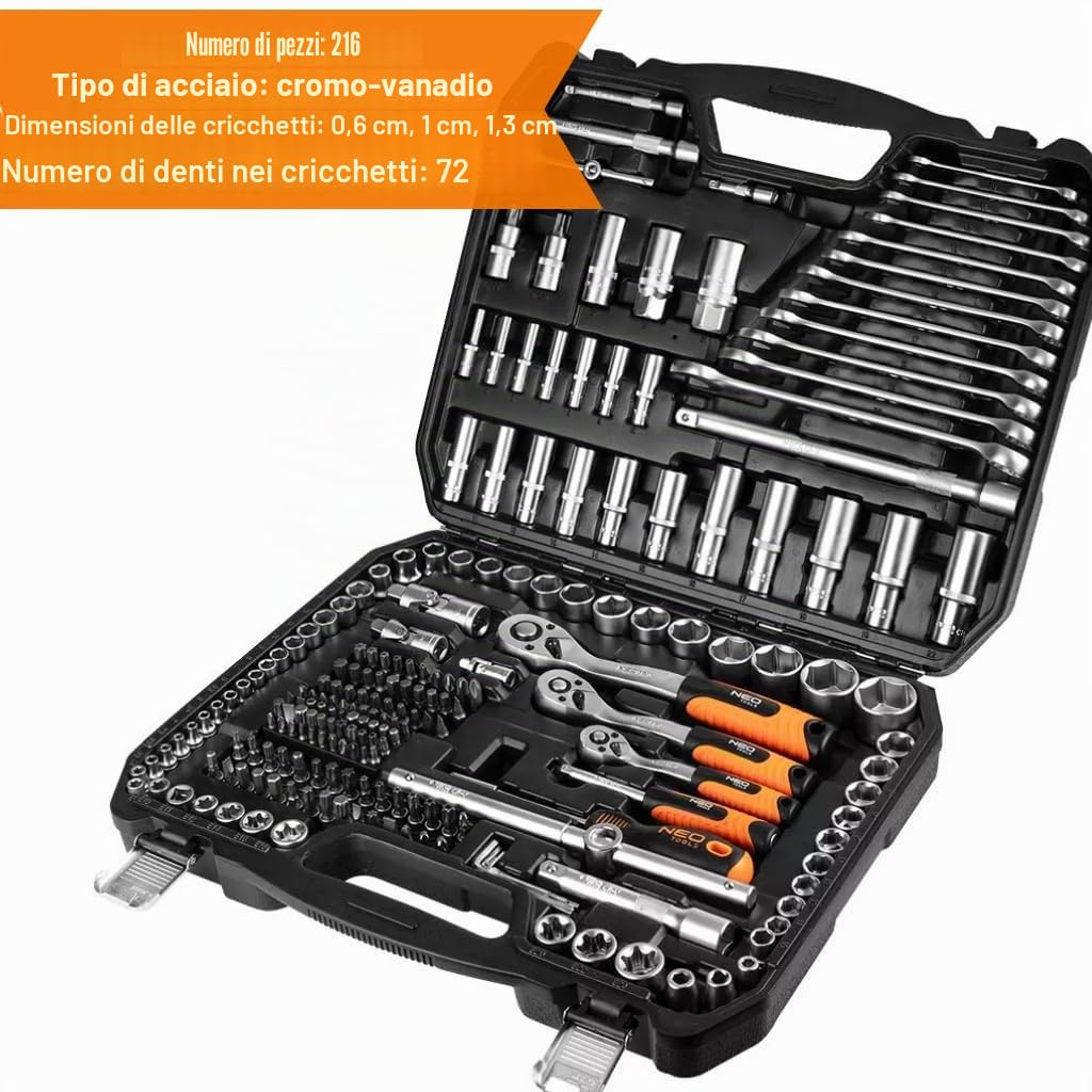 NEO TOOLS Set di Chiavi 216 Elementi 1/2", 3/8", 1/4" In Una Custodia Resistente | Chiavi A Bussola, Cacciaviti, Chiavi A Brugola, Cricchetti | Set Completo Per Officina, Garage, Fai Da Te | Robusta valigetta, chiave a bussola, cacciavite, chiave a brugol