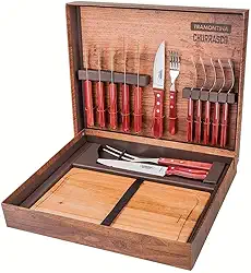Tramontina 21198770 Kit para Churrasco com Lâminas em Aço Inox e Cabos em Madeira Polywood, Conjunto de 15 Peças, Vermelho