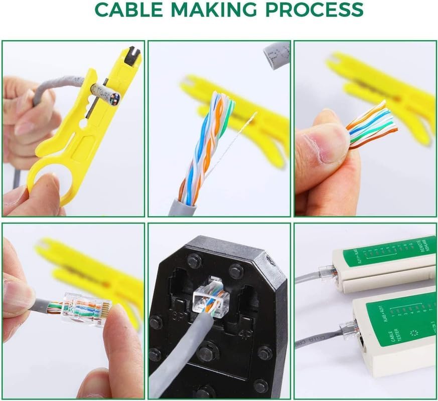 Image of COOLCOLD 3-in-1 RJ45 Crimping Tool Kit - Wire Stripper, Cutter & Crimper for RJ45, RJ11, RJ12, Cat5e /Cat6 LAN Cable with 5 Connectors & 5 Boot Covers - Blue /Green