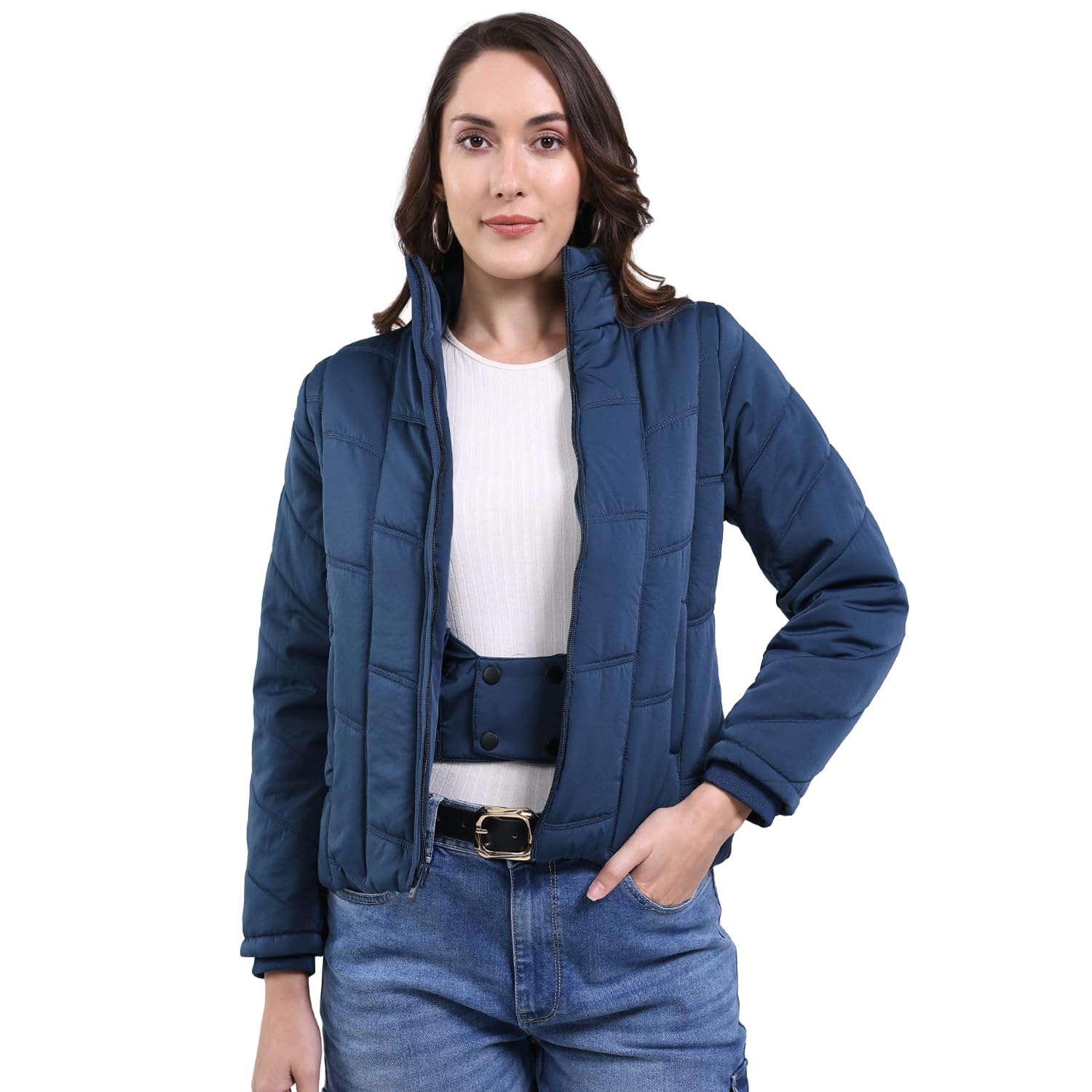 Women Regular Fit Solid Mock Neck Side Pocket Zipper Closure Full Sleeve Winter Jacket| In-Built Tummy Tucker Jacket| Casual Winter Wear For Women's (Pack Of 1)