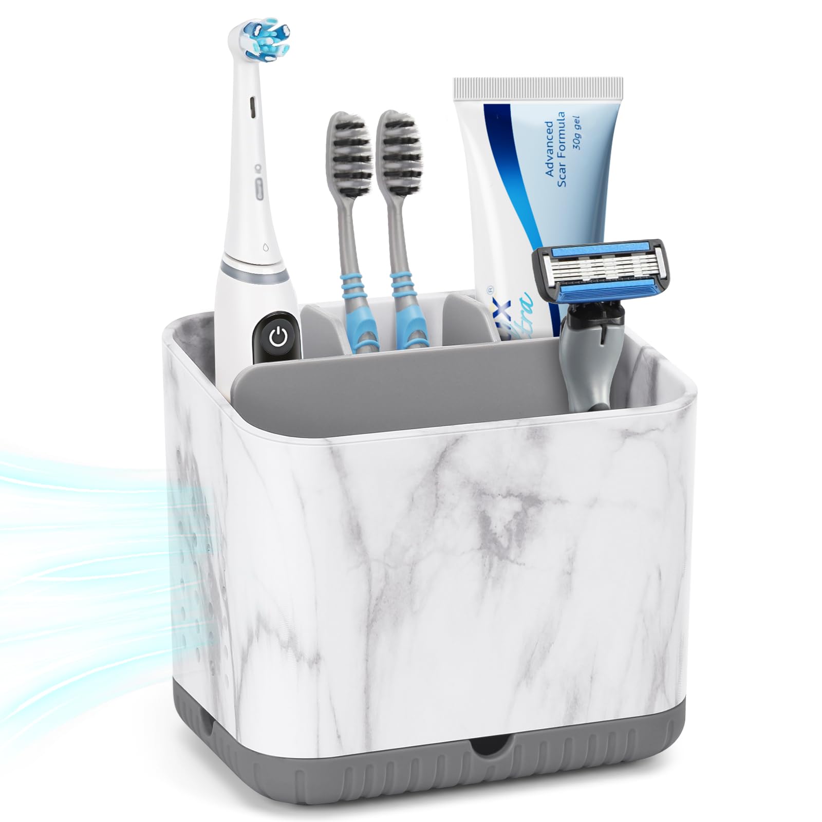 toprance Toothbrush Holder Caddy Marble-Look Electric Toothbrush Holder with Drip Tray