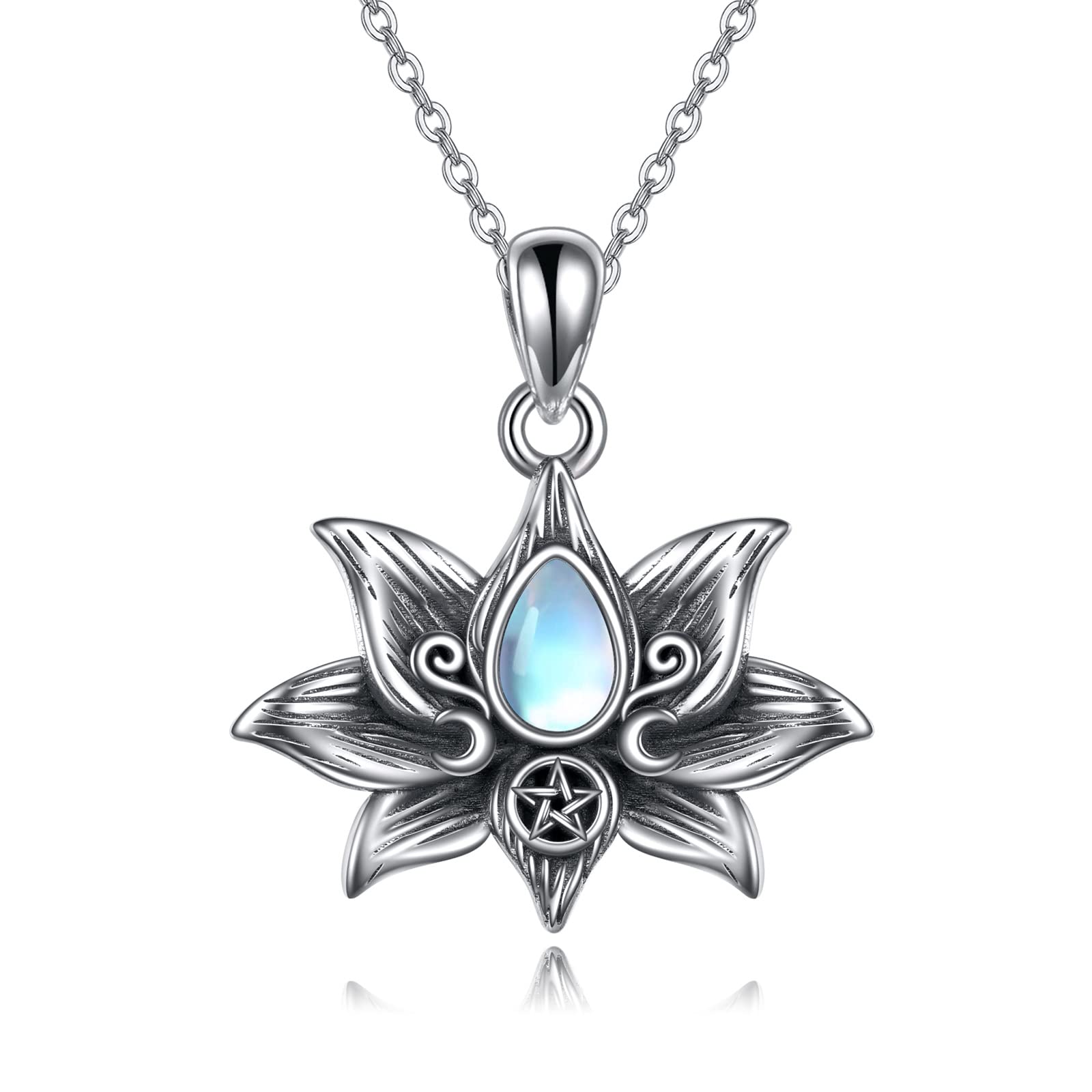 AXELUNA Collar de flor de loto de plata de ley con colgante de triple luna, diosa de loto, joyería para mujeres y hombres, cumpleaños, plata de ley, circonita, Plata esterlina,