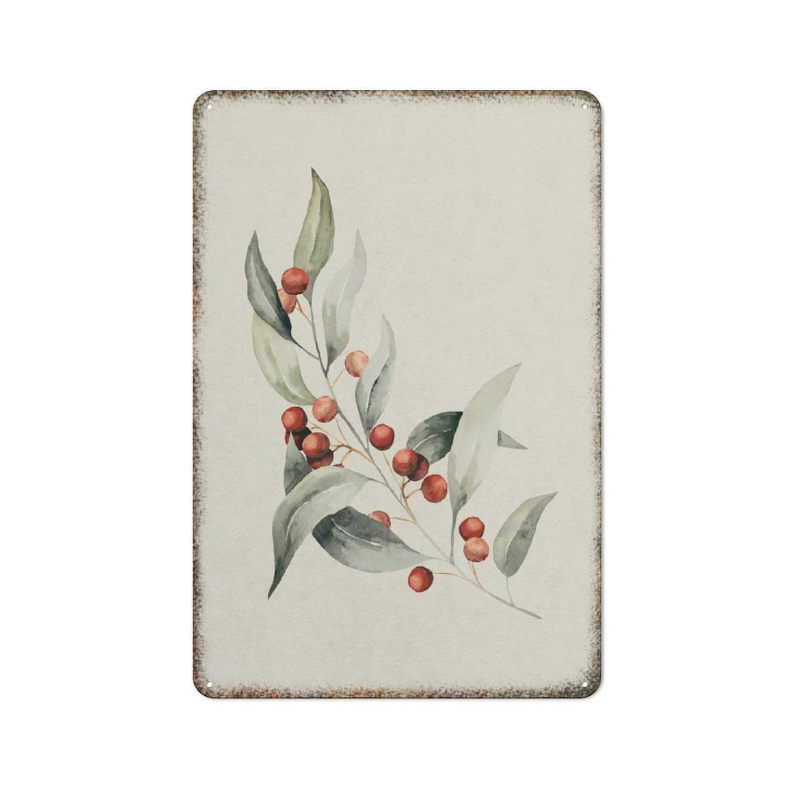 Retro Red Winter Berry Christmas Botanical Metal Sign Holiday Home High Gloss Art Wall Decor Plaque 8x12 Inch